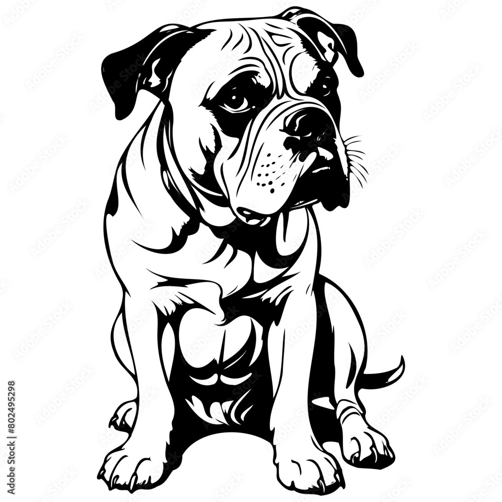 Black American Bulldog sitting drawing, vintage animal  illustration, vector image