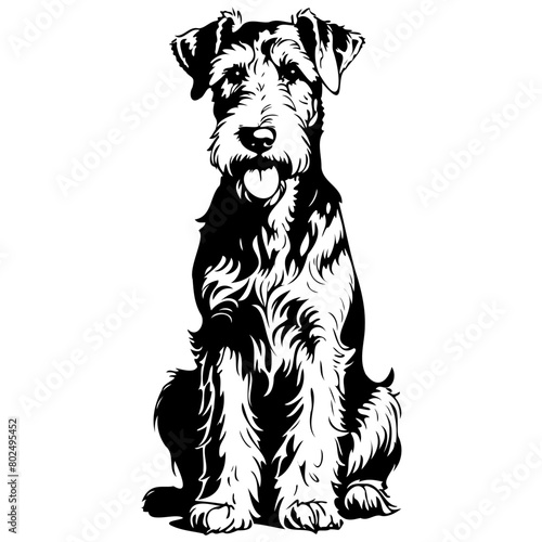 Monochrome Airedale Terrier sitting ink hand drawn animal illustration, transparent background