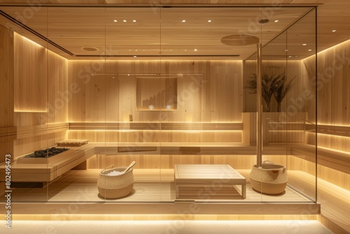 The interior of the wooden steam room is made of light wood  with white lighting and transparent glass walls on one side. The wall has an LED strip light that illuminates the space  creating soft