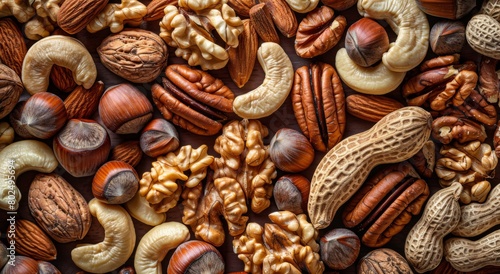 The background is full of various nuts, such as cashews, walnuts, hazelnuts and pecans. The composition highlights the details of each type of nut. High resolution photography captures the nuts 