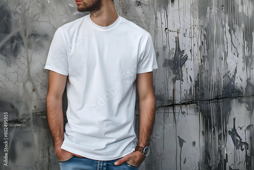 Young man wearing bella canvas white shirt mockup, at gray concrete, stone background. Design tshirt template, print presentation mock-up.