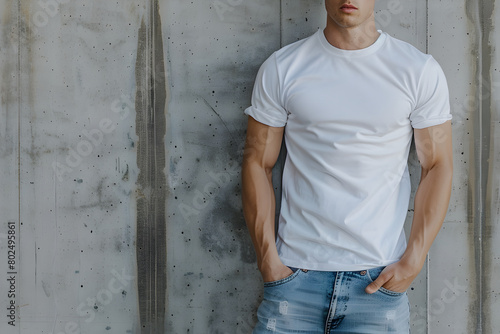 Young man wearing bella canvas white shirt mockup, at gray concrete, stone background. Design tshirt template, print presentation mock-up.