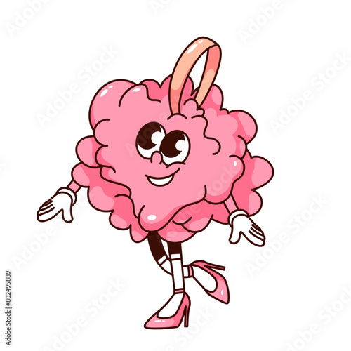 Groovy shower sponge ball cartoon character walking. Funny retro bath sponge girl in pink shoes. Spa tool and hygiene, comic body care mascot, cartoon sticker of 70s 80s style vector illustration