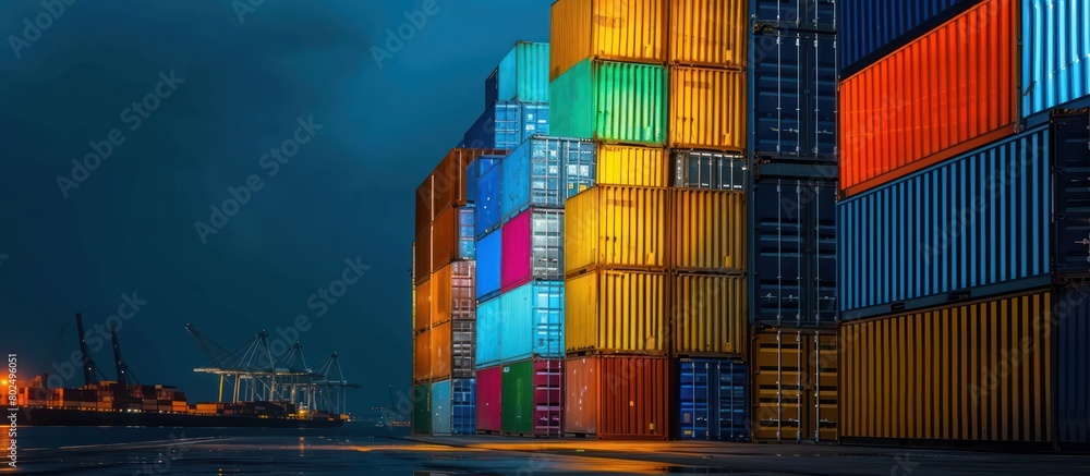 Fototapeta premium a dock with containers at night, with cranes and trucks in the background