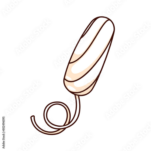 Groovy cartoon sanitary cotton tampon with rope. Funny retro hygienic cotton stick for menstrual period, feminine hygiene product mascot, cartoon sticker of 70s 80s style vector illustration