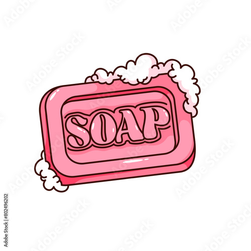 Groovy cartoon pink wet soap bar with bubbles of foam. Funny retro rectangle bath solid soap, hygiene in toilet, body care and cleanliness mascot, cartoon sticker of 70s 80s style vector illustration