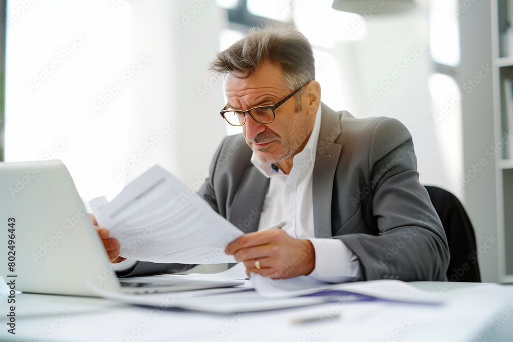 Obraz premium In a bright office setting, a professional investor, a mid-aged mature business man, is captured in a close-up shot, confidently checking bank documents during a team meeting. He e