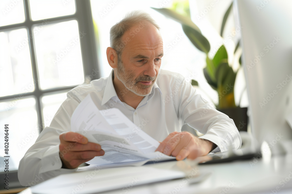 Photo in natural light, a mid-aged mature business man, a confident professional investor, examining bank documents during an office team meeting. His expertise shines as he delive Photo in natural light, a mid-aged mature business man, a confident professional investor, examining bank documents during an office team meeting. His expertise shines as he delive
