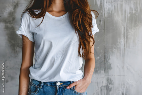 Young woman wearing bella canvas white shirt mockup, at gray concrete, stone background. Design tshirt template, print presentation mock-up.