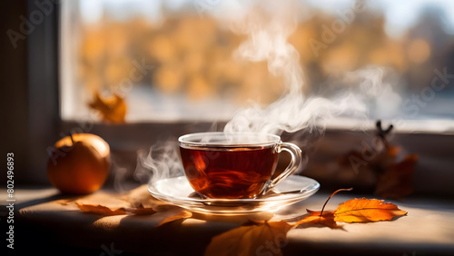 Cup of tea with autumn leaves on the background of the window