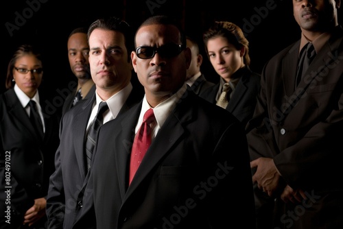 Group of diverse business people standing together and looking at camera against black background