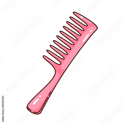 Groovy cartoon pink plastic comb. Funny retro glossy comb with teeth and handle for styling, hair care and hygiene, hairdressers accessory mascot, cartoon sticker of 70s 80s style vector illustration