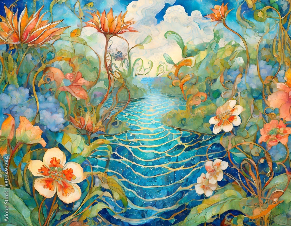 Heavenly garden with waterfalls in the sky, pastel colors Heavenly garden with waterfalls in the sky, pastel colors
