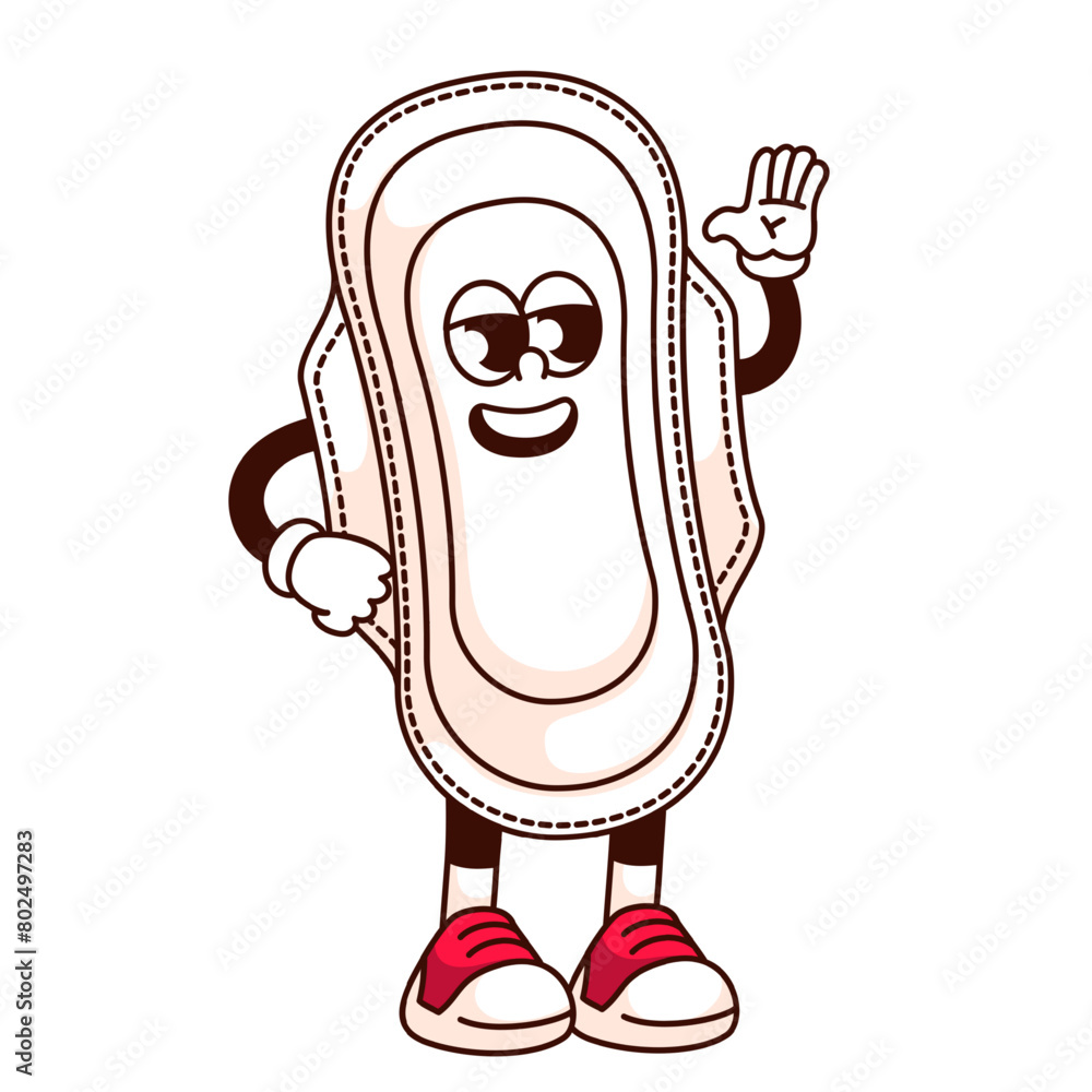 Groovy sanitary pad cartoon character greeting with hand up. Funny retro cotton napkin mascot for feminine hygiene in menstrual period, cartoon pad sticker of 70s 80s style vector illustration Groovy sanitary pad cartoon character greeting with hand up. Funny retro cotton napkin mascot for feminine hygiene in menstrual period, cartoon pad sticker of 70s 80s style vector illustration