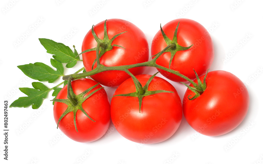 Tomato whole with leaves isolated on white background
