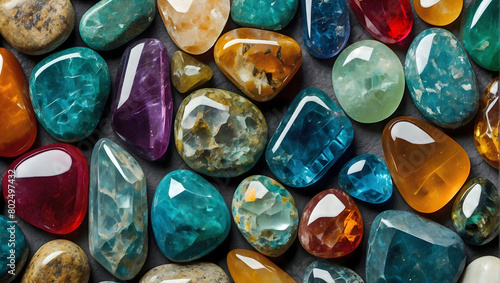 Collection of Colorful Polished Gemstones Laying on Dark Granite Background