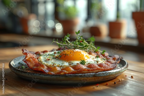 Breakfast dish with bacon and eggs on a rustic wooden table