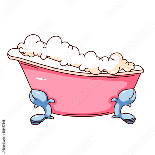 Groovy cartoon retro bathtub with claw feet and soap foam bubbles. Funny vintage pink rim roll top clawfoot bathtub, bathroom hygiene mascot, cartoon sticker of 70s 80s style vector illustration