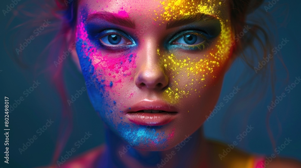 Close-up of woman's face with colorful makeup. art design. Black background.AI generated image Close-up of woman's face with colorful makeup. art design. Black background.AI generated image