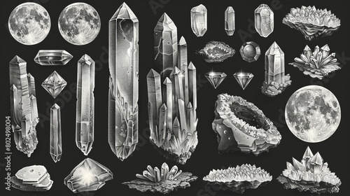 Moon cliparts bundle, lunar celestial gem collection, jewelry stone or diamond, black and white line isolated objects - modern illustration photo