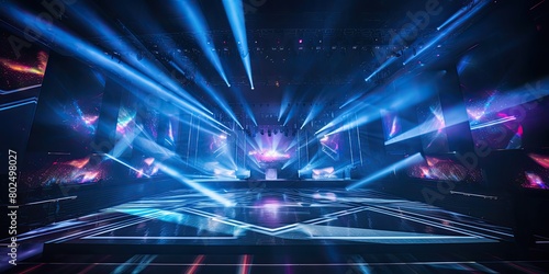 A stage with a blue backdrop and lights
