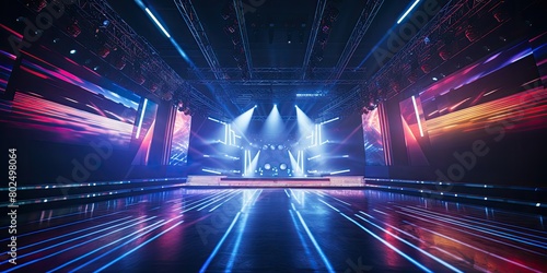 A stage with a blue backdrop and lights © Murda
