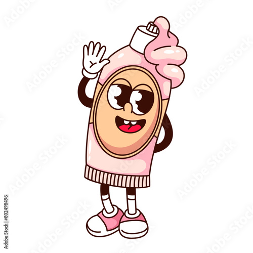 Groovy tube of toothpaste cartoon character waving hand. Funny retro pink package of paste greeting with smile, dental hygiene mascot, cartoon toothpaste sticker of 70s 80s style vector illustration