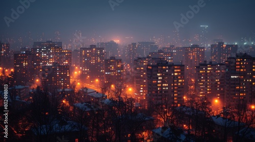 In a residential district of the city  tall buildings with glowing windows are contrasted with dark night skies