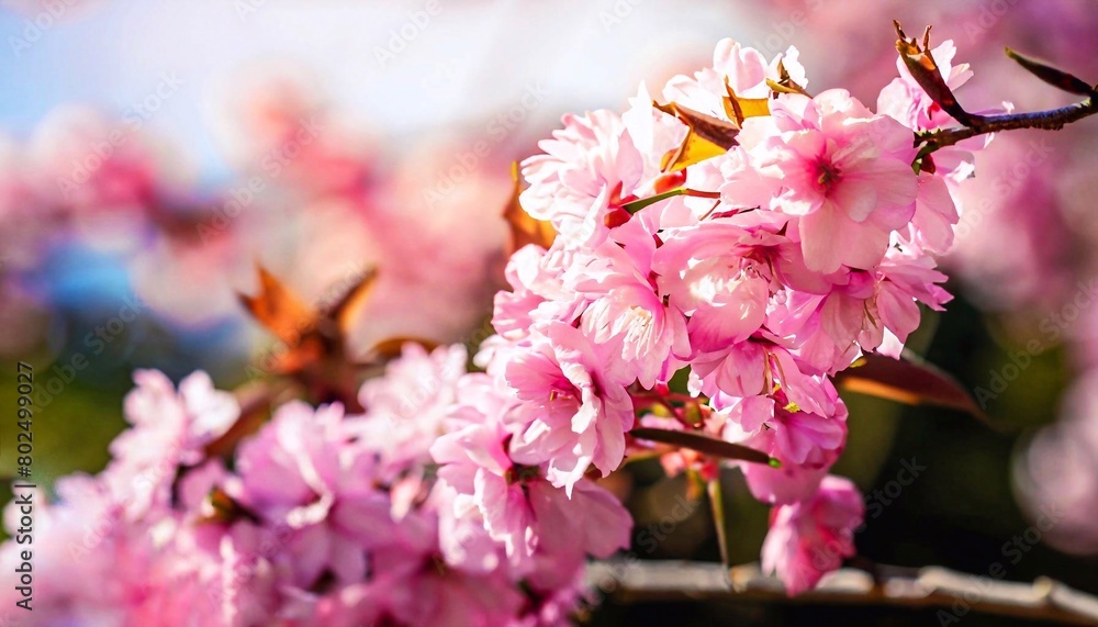 Closeup of blooming sakura in a garden under the sunlight with a blurry backgroung Closeup of blooming sakura in a garden under the sunlight with a blurry backgroung