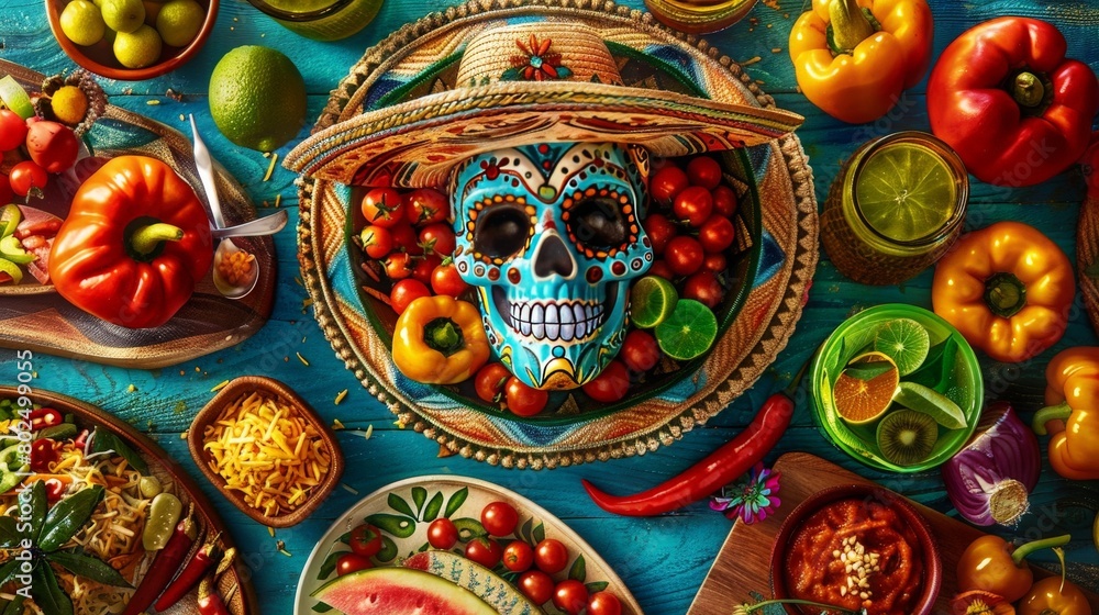 cinco de mayo or day of the dead, skull wearing sombrero with mexican food