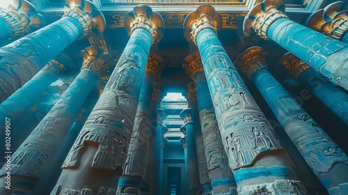 Decorative columns and ceiling of the great hypostyle hall in the ancient Karnak temple complex in Egypt at a low angle photo