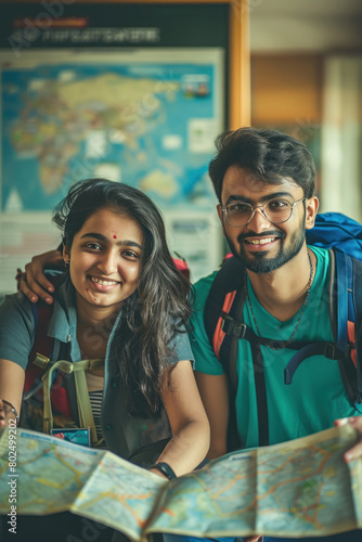 two indian backpackers planning a city tour on a hostel map