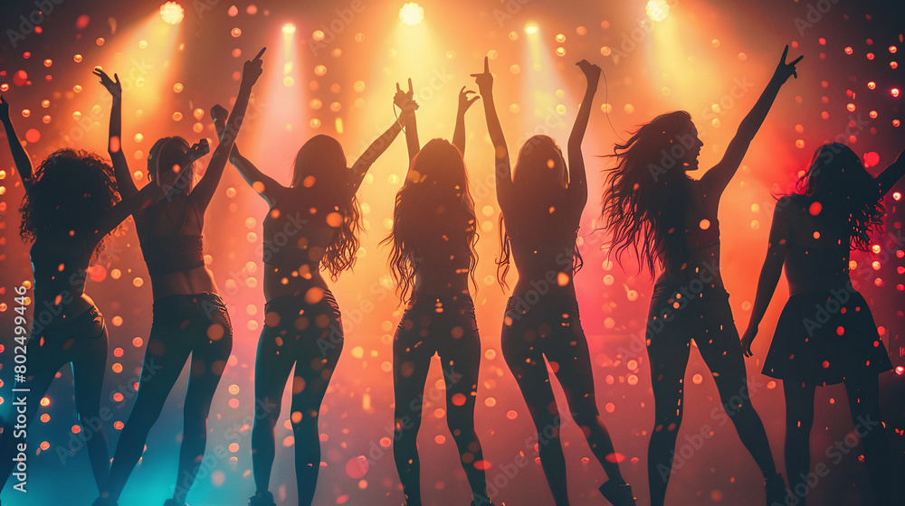 illustration of silhouettes of woman dancing in the nightclub as silhouette in front of party rays illustration of silhouettes of woman dancing in the nightclub as silhouette in front of party rays