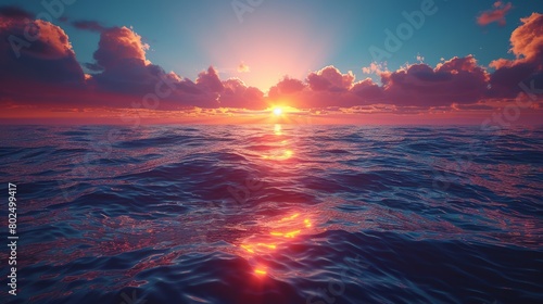 In the evening  scenic view of endless ocean with horizon line under bright sunset sky