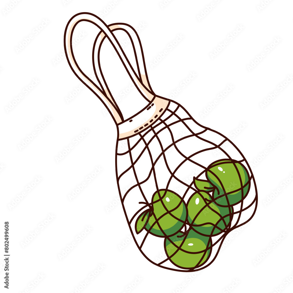 Groovy cartoon grocery net bag with green apples. Funny retro string shopper with healthy fruit from market, reusable accessory mascot, cartoon eco bag sticker of 70s 80s style vector illustration Groovy cartoon grocery net bag with green apples. Funny retro string shopper with healthy fruit from market, reusable accessory mascot, cartoon eco bag sticker of 70s 80s style vector illustration