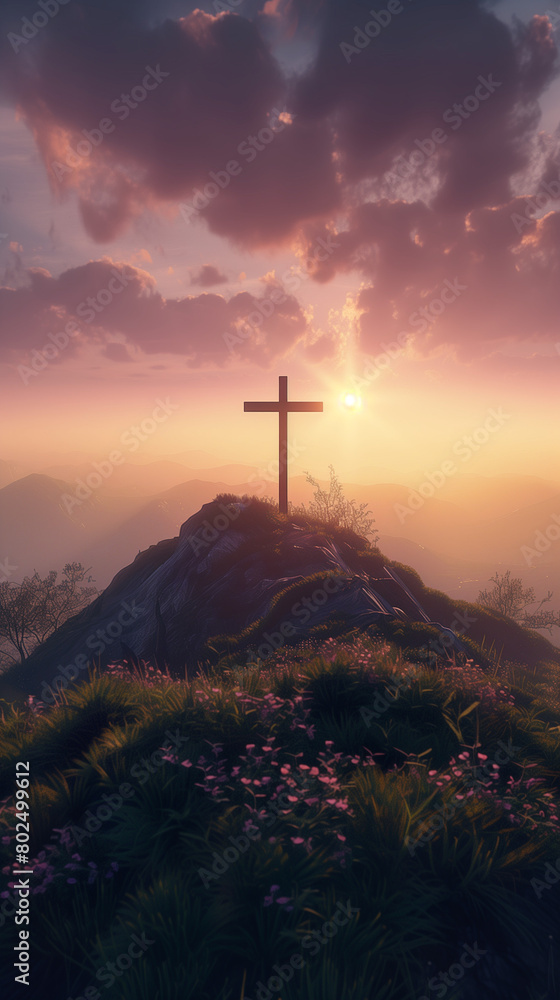 cross at bright sunset, concept of christianity that every life comes to an end, created with generative AI technology cross at bright sunset, concept of christianity that every life comes to an end, created with generative AI technology