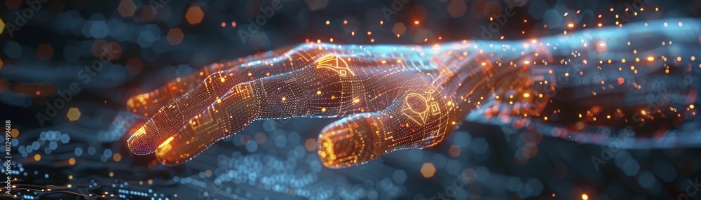 3D mesh hand gesturing with floating digital icons, smart technology interface, suitable for app developers. 3D mesh hand gesturing with floating digital icons, smart technology interface, suitable for app developers.