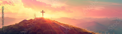 cross at bright sunset, concept of christianity that every life comes to an end, created with generative AI technology