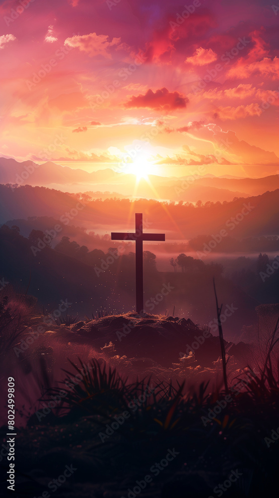 cross at bright sunset, concept of christianity that every life comes to an end, created with generative AI technology cross at bright sunset, concept of christianity that every life comes to an end, created with generative AI technology