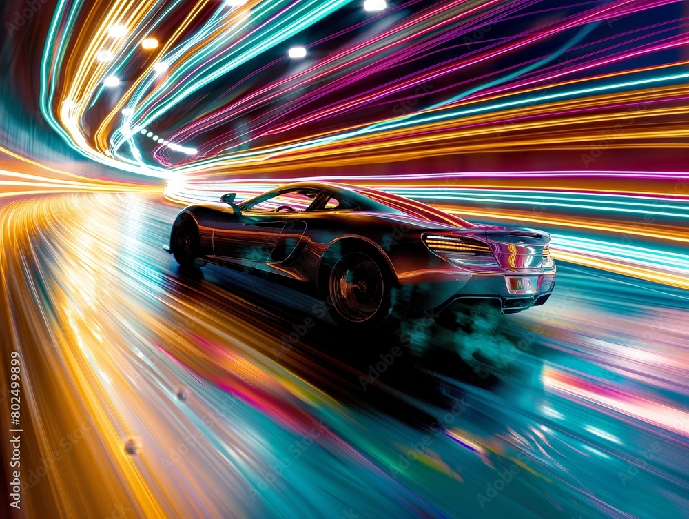 A sports car in motion with vibrant light streaks showcasing speed and dynamic motion.