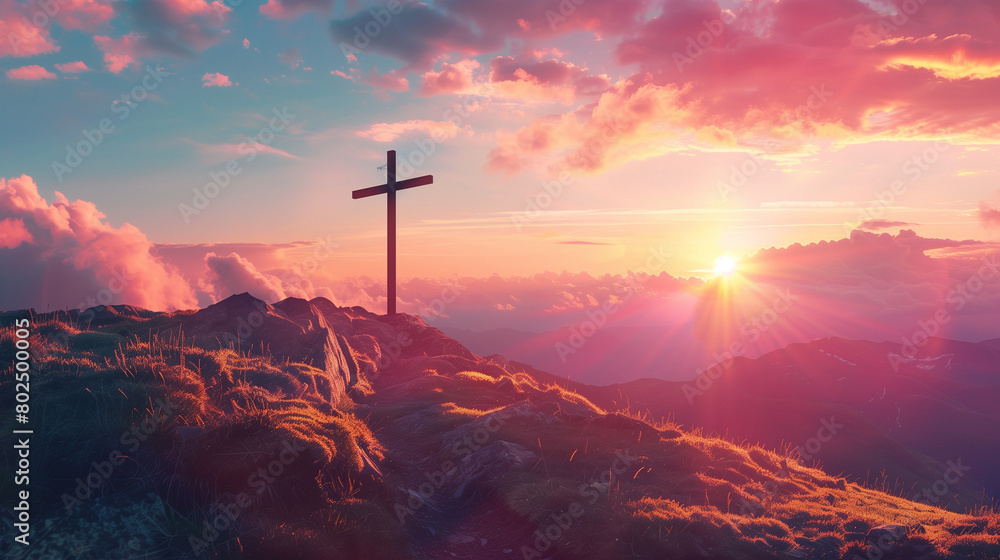 cross at bright sunset, concept of christianity that every life comes to an end, created with generative AI technology cross at bright sunset, concept of christianity that every life comes to an end, created with generative AI technology