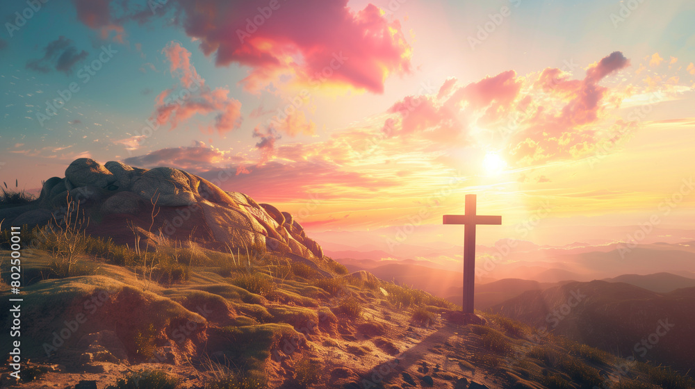 cross at bright sunset, concept of christianity that every life comes to an end, created with generative AI technology cross at bright sunset, concept of christianity that every life comes to an end, created with generative AI technology