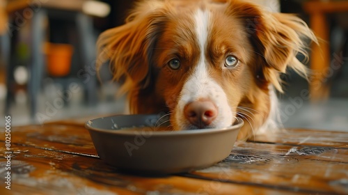 Nice taste  Close up of beautiful dog eating from the bowl