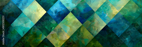 An HD image of a geometric composition with overlapping diamonds and triangles in vibrant green and blue, emphasizing shadows and light