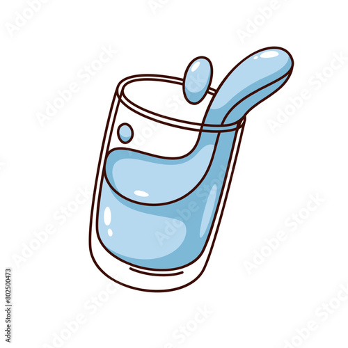 Groovy cartoon glass with splashes and drops of clear water. Funny retro cup with pouring fresh cold blue liquid, clean drink mascot, cartoon mineral water sticker of 70s 80s style vector illustration