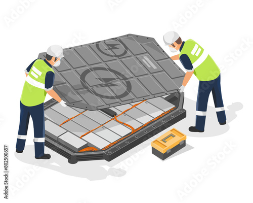 vector Used deteriorated electric EV car Electric Vehicle old lithium battery module to recycle and reuse management eco green concept isometric isolated cartoon