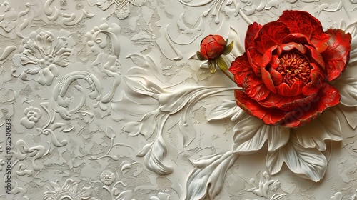 Red decorative volumetric peony flower on the background of a decorative wall 