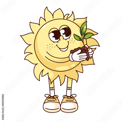 Groovy sun cartoon character holding soil with sprout. Funny retro happy sun taking care for plant with leaf. Ecology, sustainability mascot, cartoon sticker of 70s 80s style vector illustration