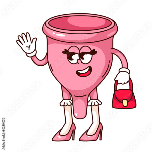 Groovy menstrual cup cartoon character with hand bag and pink shoes. Funny retro eco menstrual cup waving, feminine hygiene product mascot, cartoon sticker of 70s 80s style vector illustration