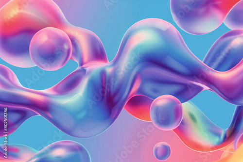 Harmonious blend of metaballs set against a holographic gradient, reflecting a tranquil and imaginative abstract background (ID: 802501286)